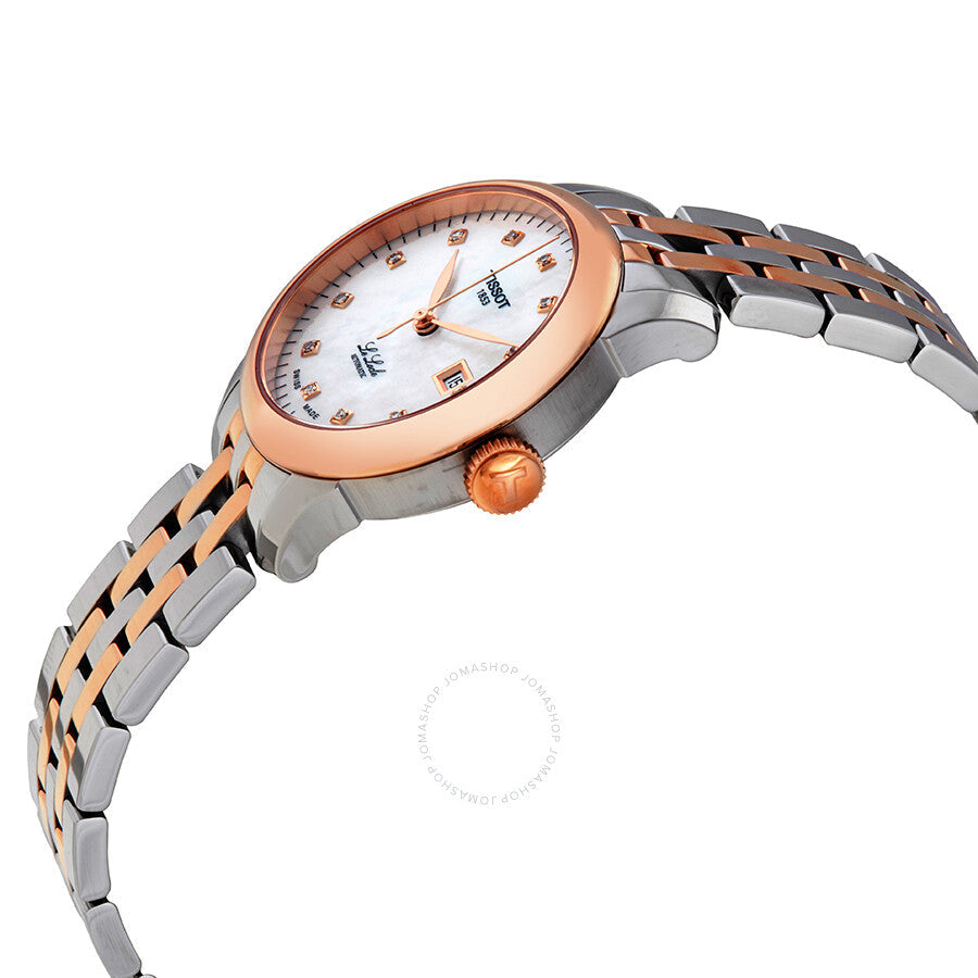 Angled view of Tissot Le Locle ladies watch showing two-tone bracelet and rose gold case with date window