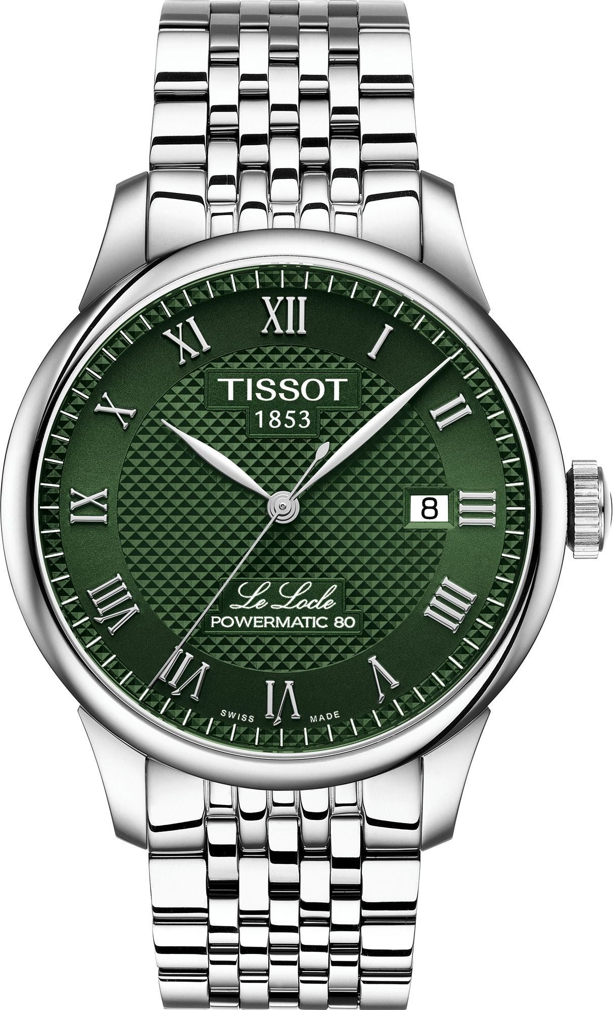 Tissot Le Locle T006.407.11.093.00 front view with green dial and stainless steel bracelet