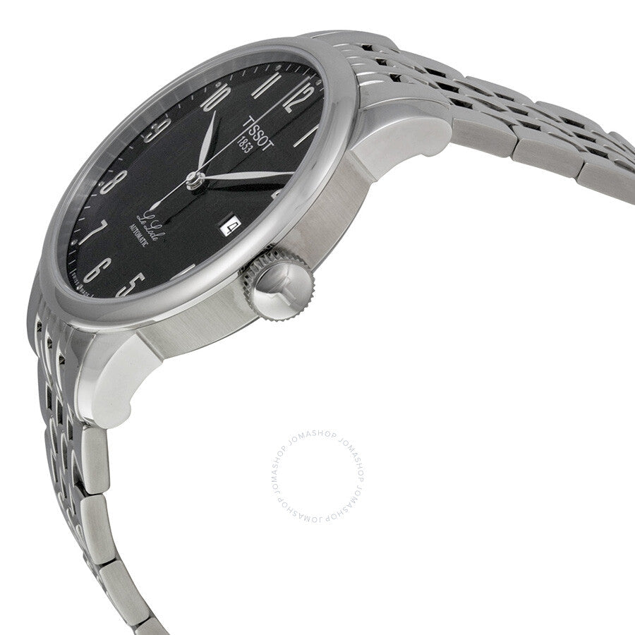Tissot Le Locle watch showing side profile with crown and stainless steel bracelet