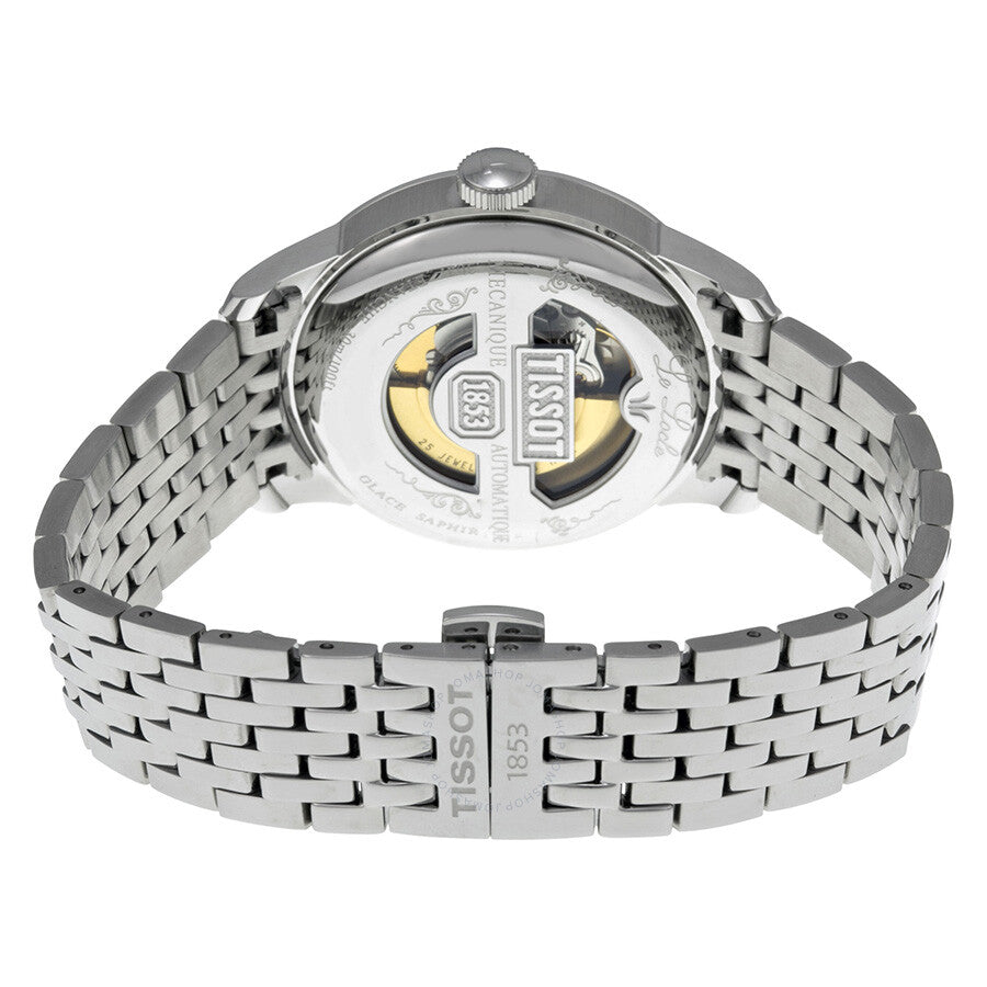 Tissot Le Locle caseback showing automatic movement with rotor, stainless steel bracelet