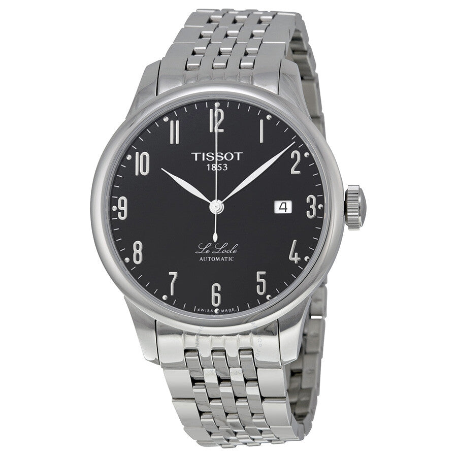 Tissot Le Locle automatic watch with black dial and stainless steel case and bracelet