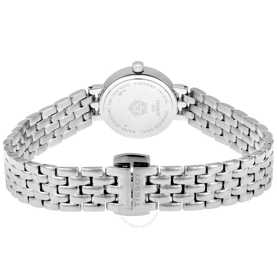 Tissot Lovely watch caseback showing stainless steel case with bracelet