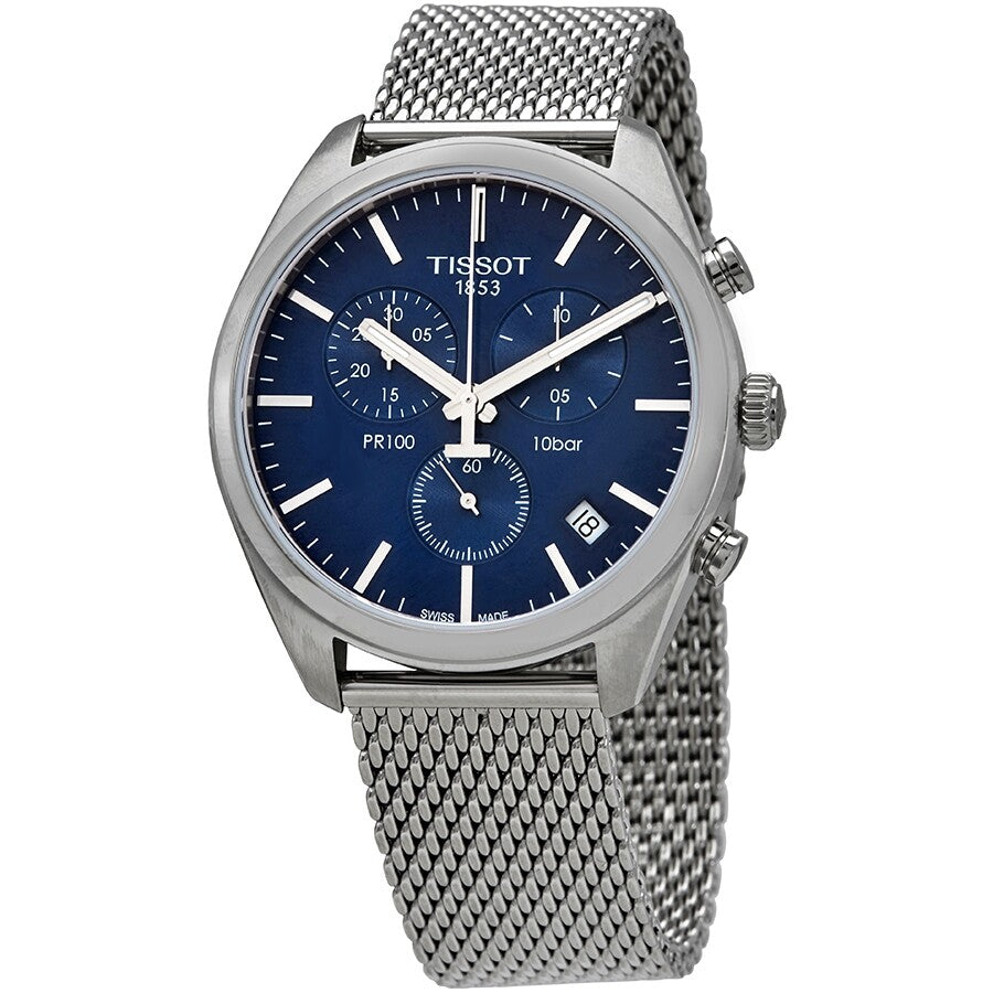 Tissot PR 100 Chronograph with blue dial and stainless steel mesh strap