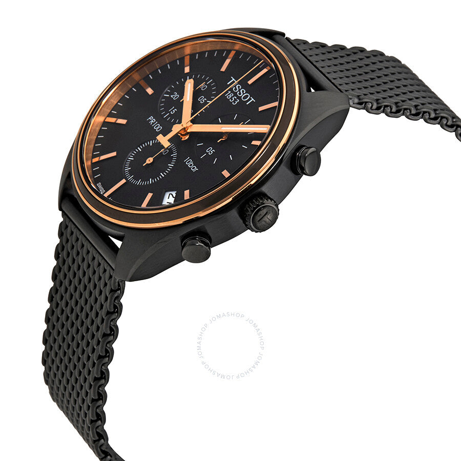 Tissot PR 100 chronograph watch side angle view showing case depth and black mesh bracelet