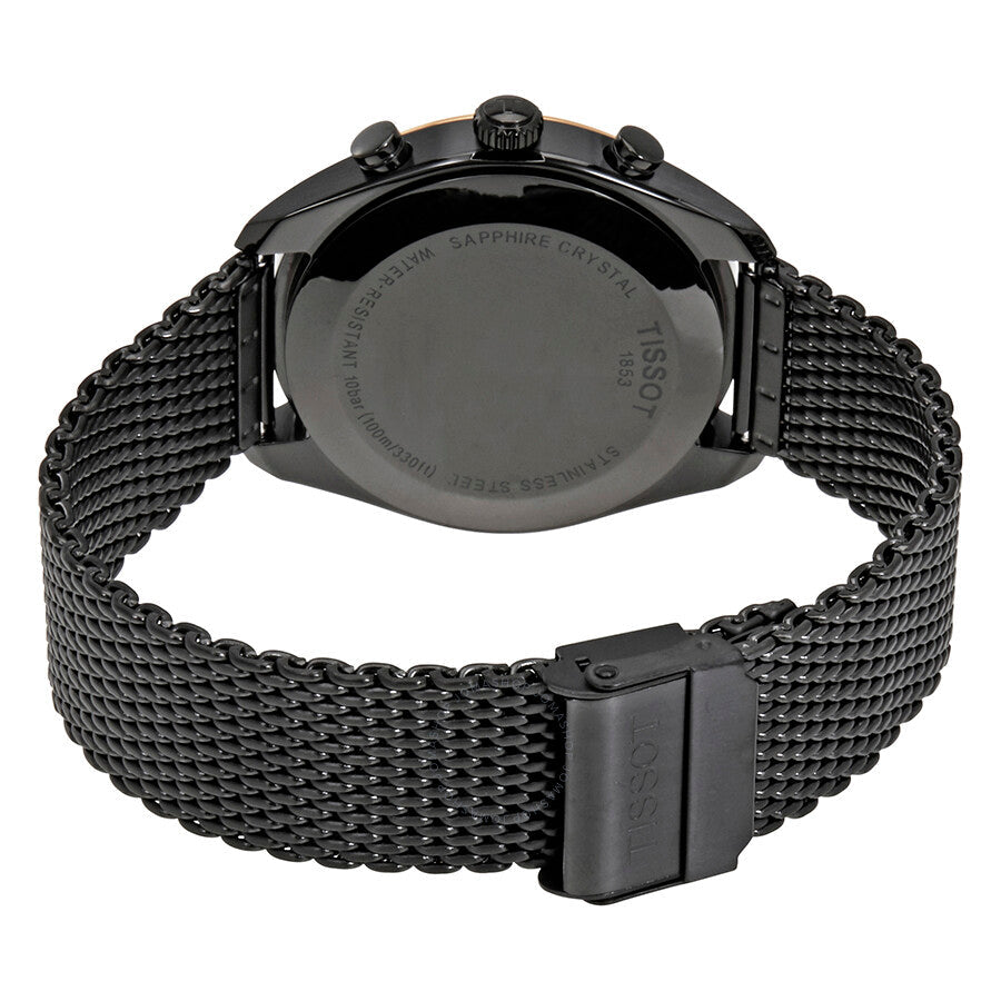 Tissot PR 100 chronograph caseback with sapphire crystal and watch specifications engraved