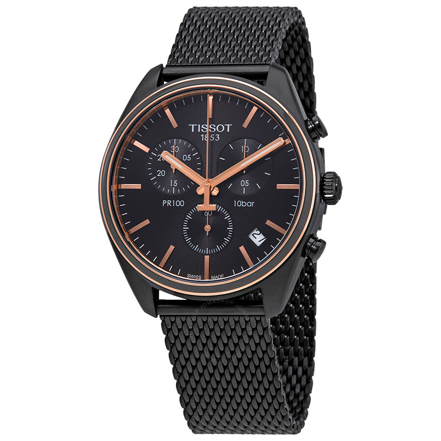 Tissot PR 100 chronograph watch with black dial and rose gold indices on black mesh strap