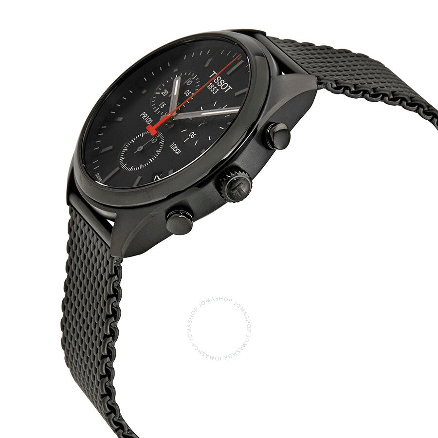 Tissot PR 100 watch at angle showing chronograph complications and mesh bracelet strap