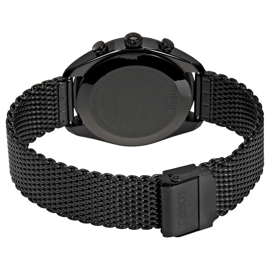 Tissot PR 100 watch caseback view with mesh bracelet and adjustment clasp visible