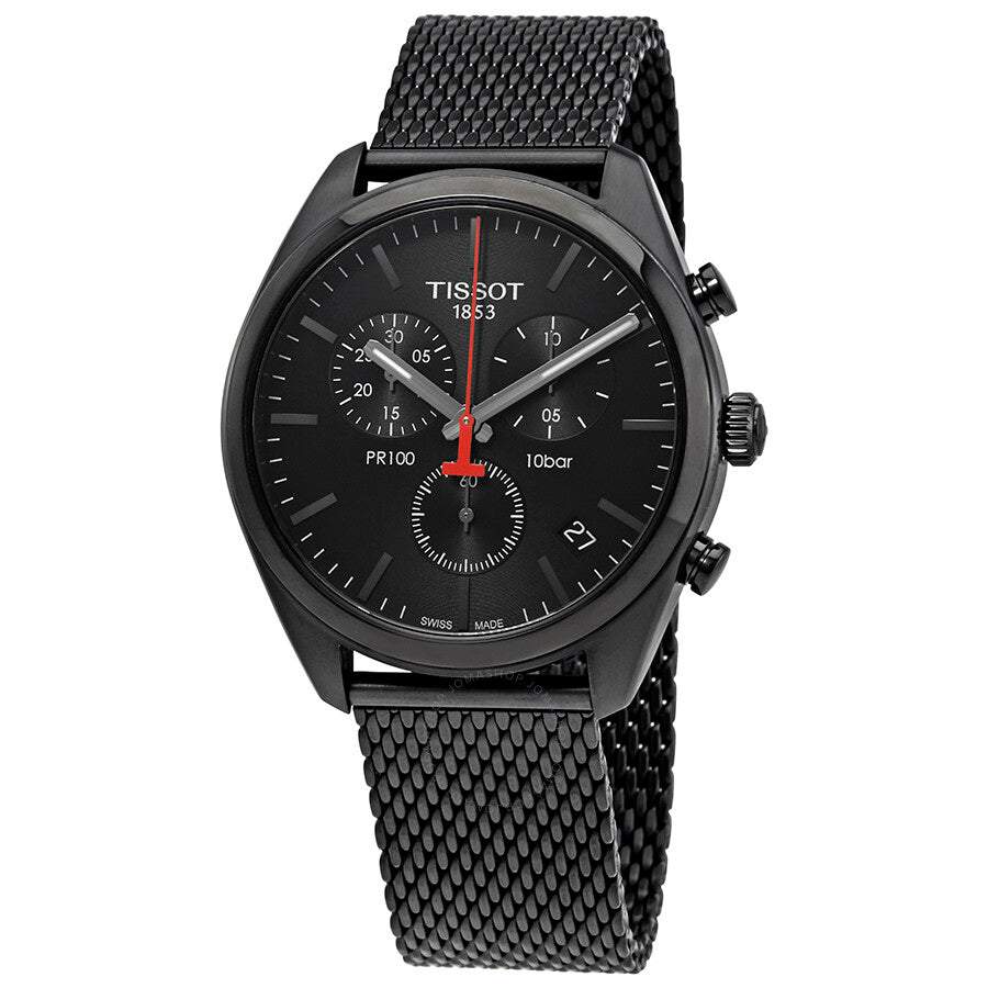 Tissot PR 100 chronograph watch with black dial, red chronograph hand, and mesh bracelet