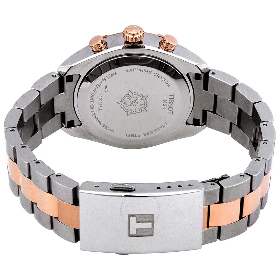 Caseback of Tissot PR 100 Chronograph showing sapphire crystal and engraved case details