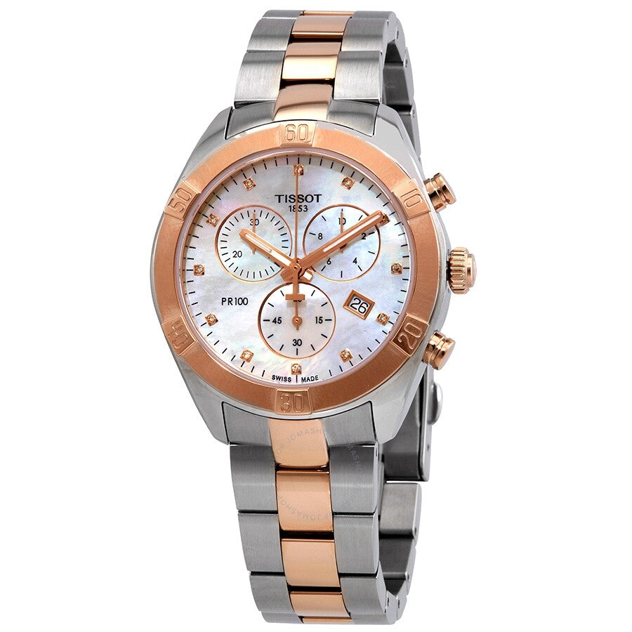 Tissot PR 100 Chronograph ladies watch with white mother-of-pearl dial, rose gold bezel, and two-tone steel bracelet