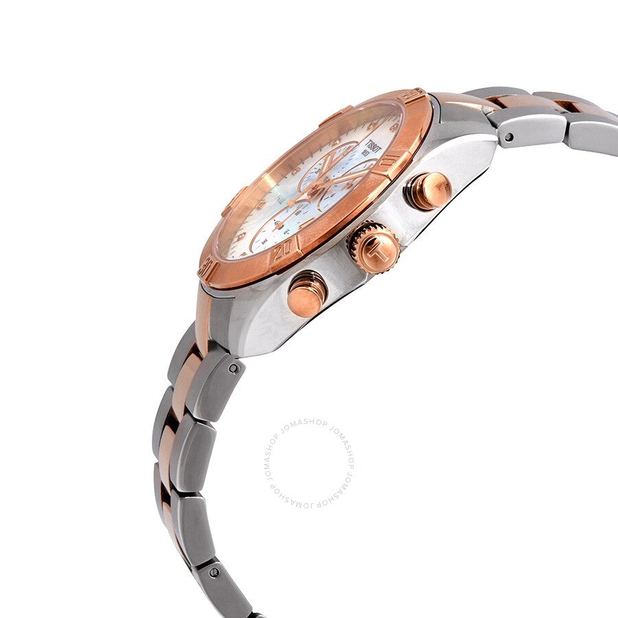 Side view of Tissot PR 100 Chronograph with rose gold chronograph pushers and two-tone bracelet
