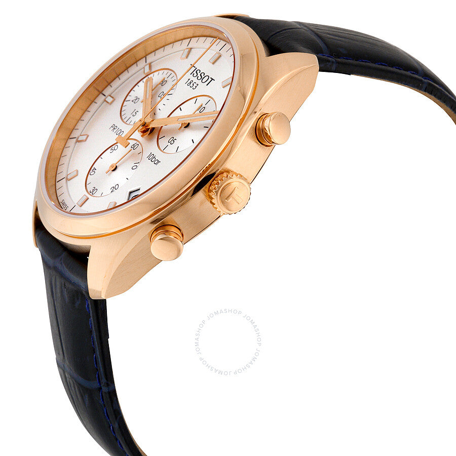 Tissot PR100 Chronograph angle view showing rose gold case and chronograph subdials