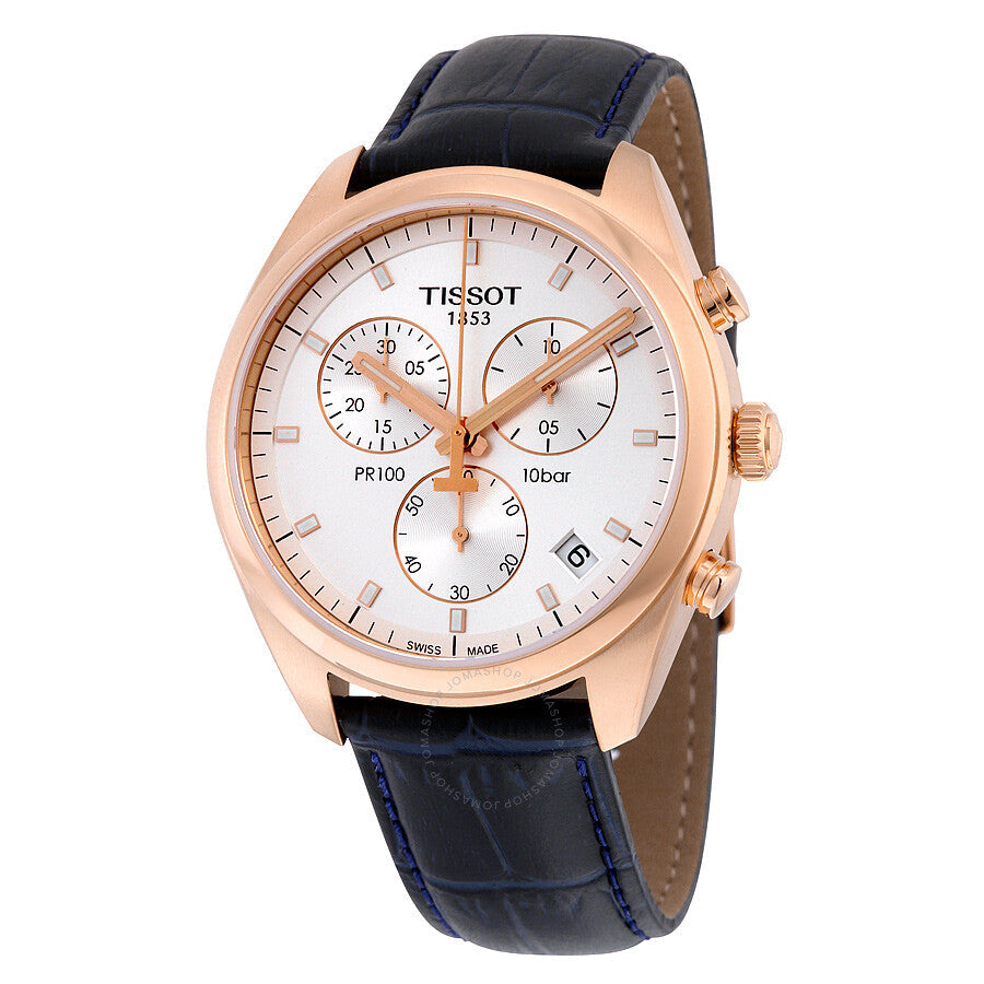 Tissot PR100 Chronograph rose gold watch with silver dial and blue leather strap