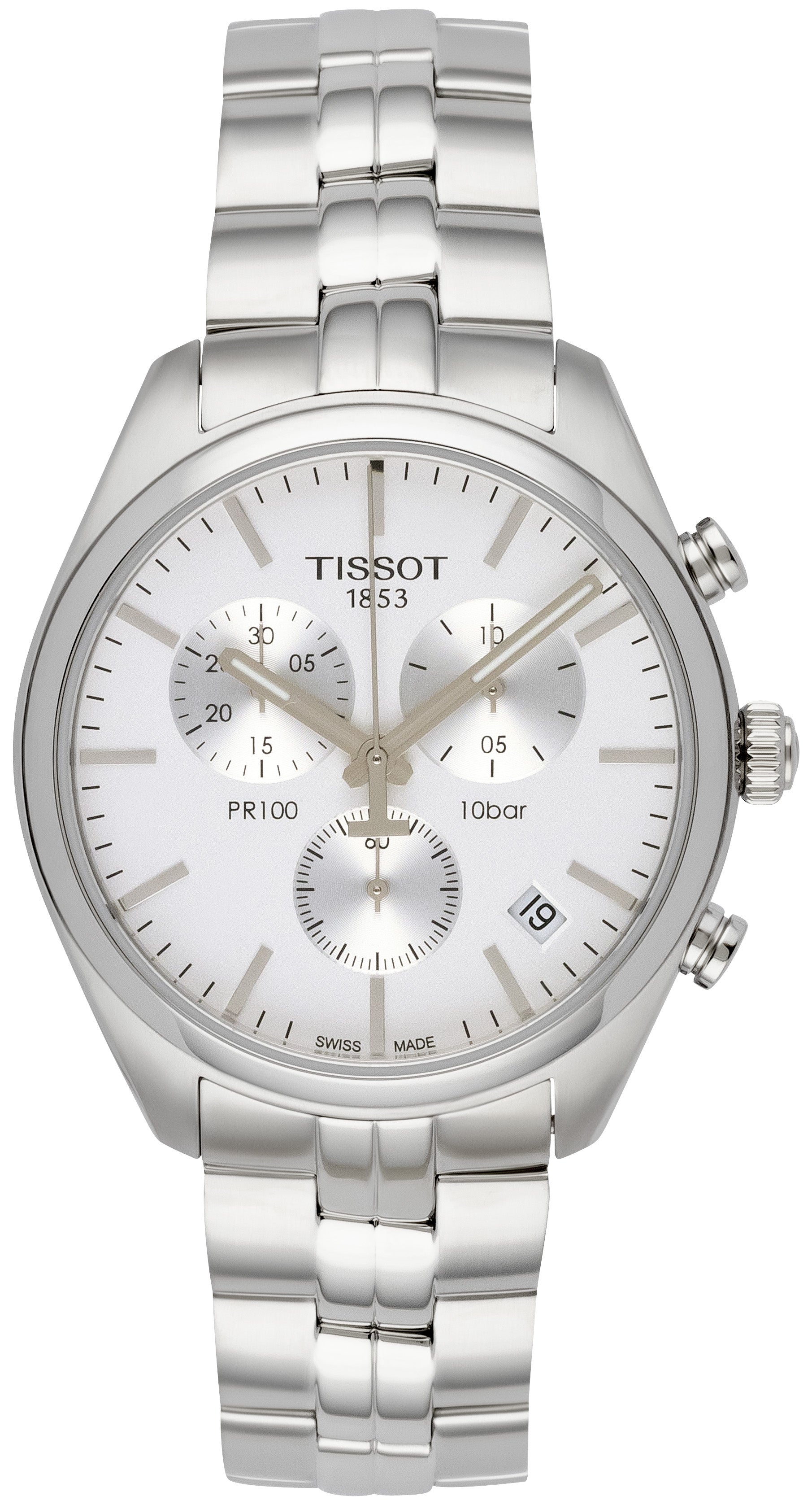 Tissot PR 100 chronograph watch with white dial and stainless steel bracelet