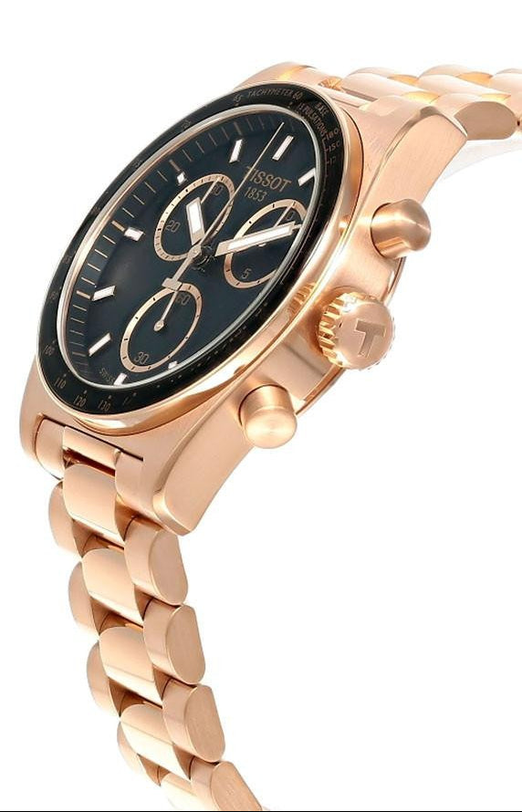 Tissot PR516 chronograph side profile view with rose gold-tone bracelet