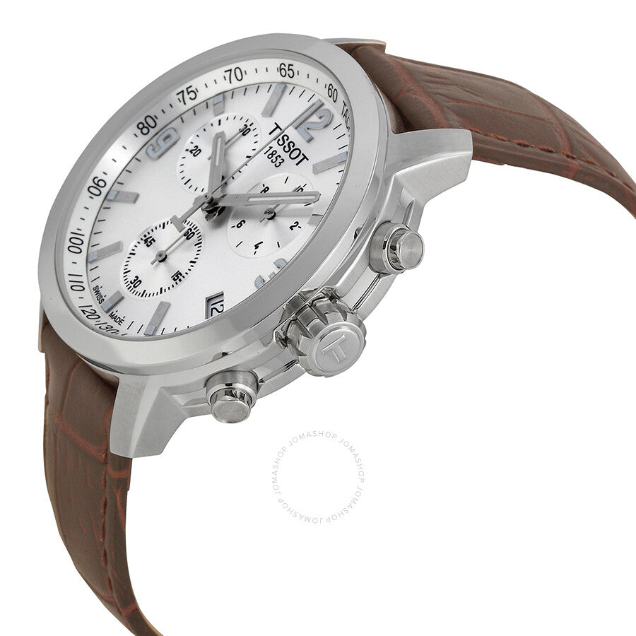 Tissot PRC 200 side angle view showing chronograph pushers and brown leather strap