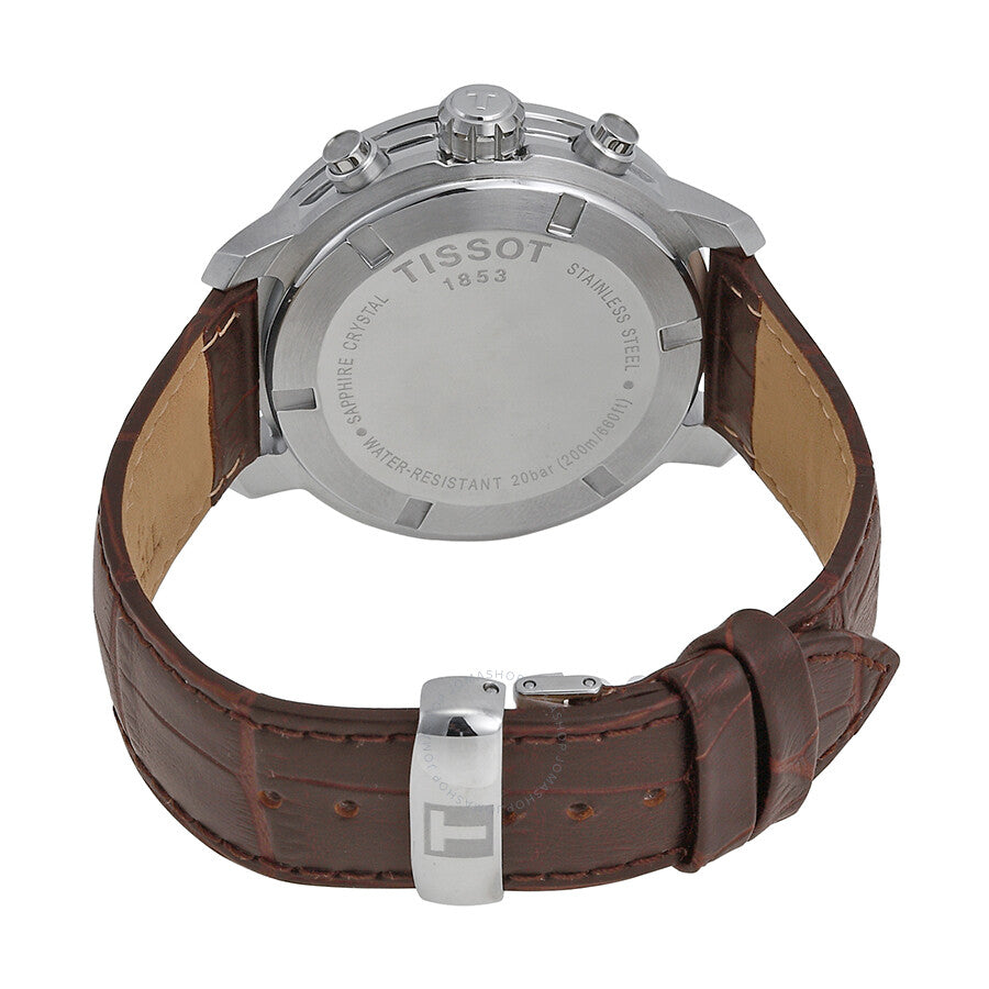 Tissot PRC 200 watch caseback showing engraved steel back and brown crocodile leather strap