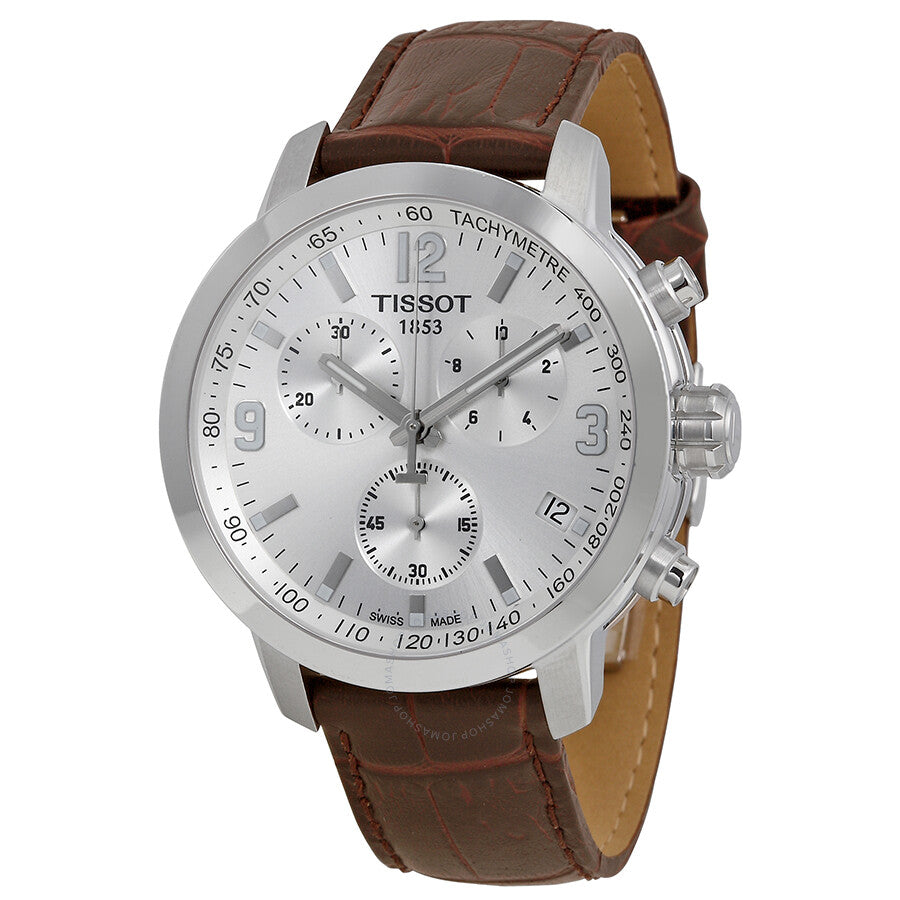 Tissot PRC 200 chronograph with silver dial, steel case, and brown leather strap