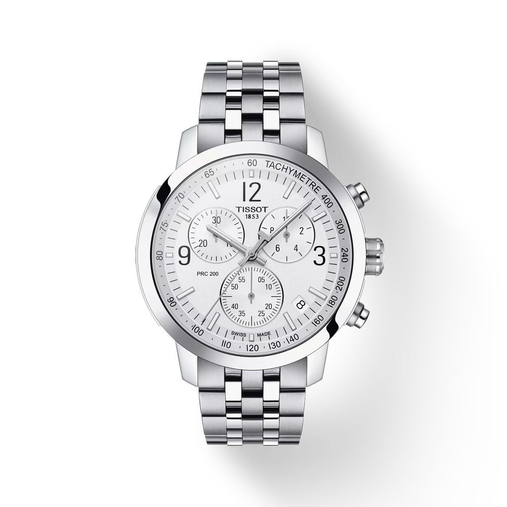 Tissot PRC 200 Chronograph silver dial watch with steel bracelet front view