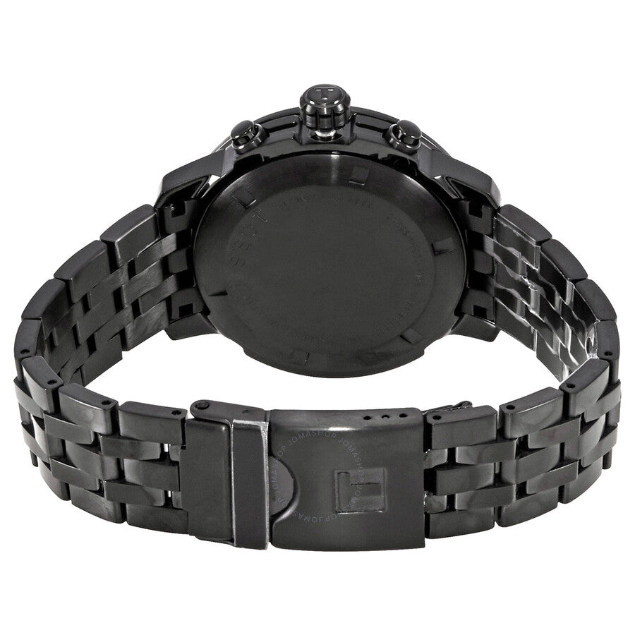 Tissot PRC 200 watch caseback showing solid black case back and bracelet deployment