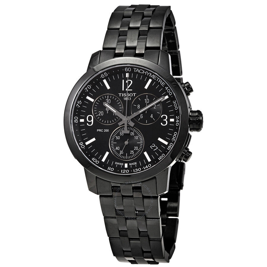 Tissot PRC 200 chronograph watch with black dial, steel case and bracelet