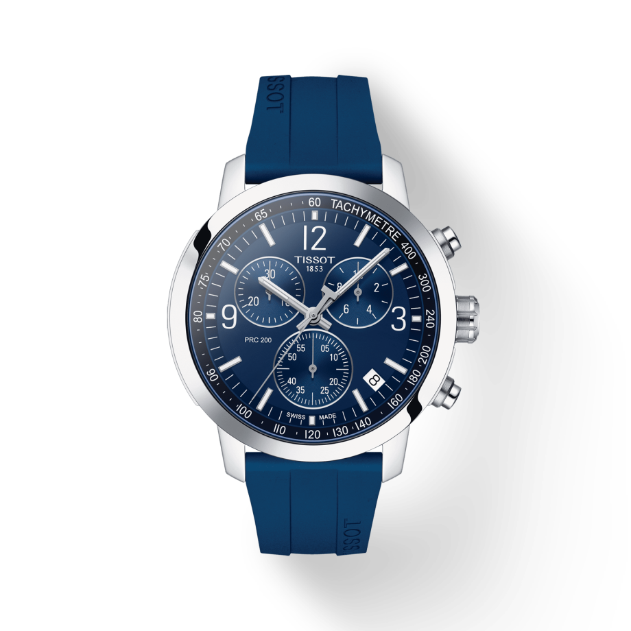 Tissot PRC 200 Chronograph watch with blue dial, stainless steel case and blue rubber strap