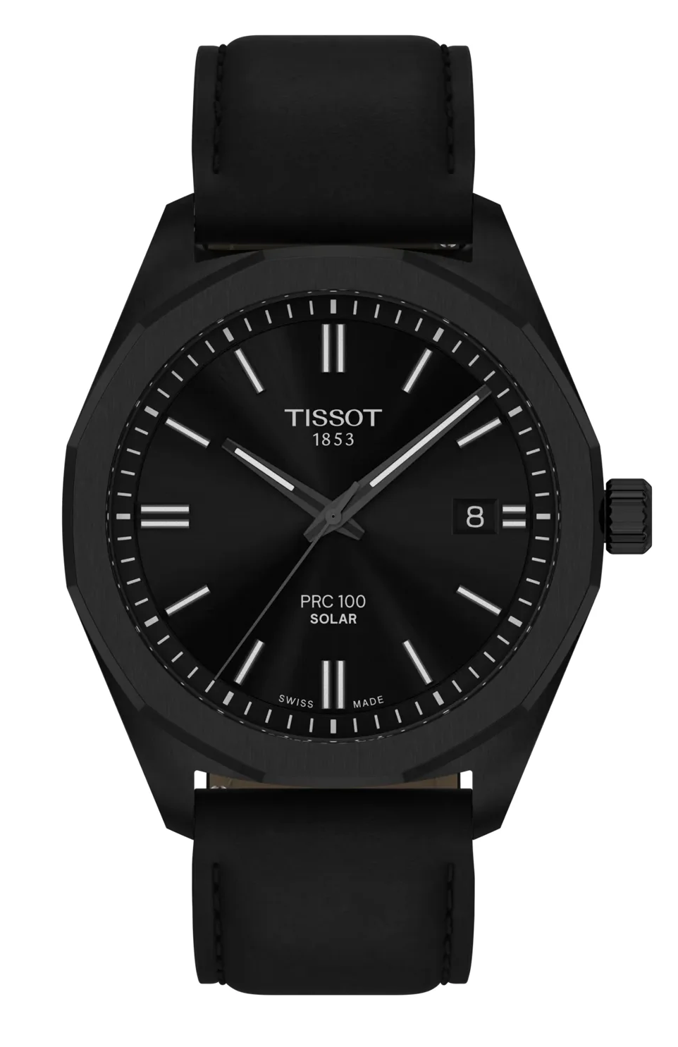 Tissot PRC100 Solar black dial watch with leather strap, front view