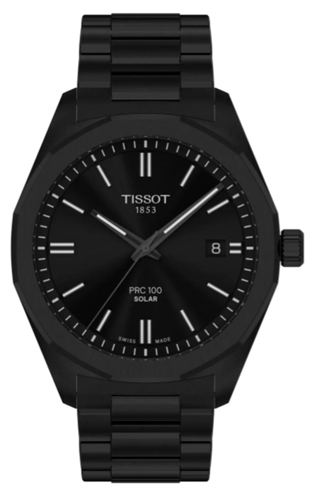 Tissot PRC100 Solar black dial watch with stainless steel bracelet, front view
