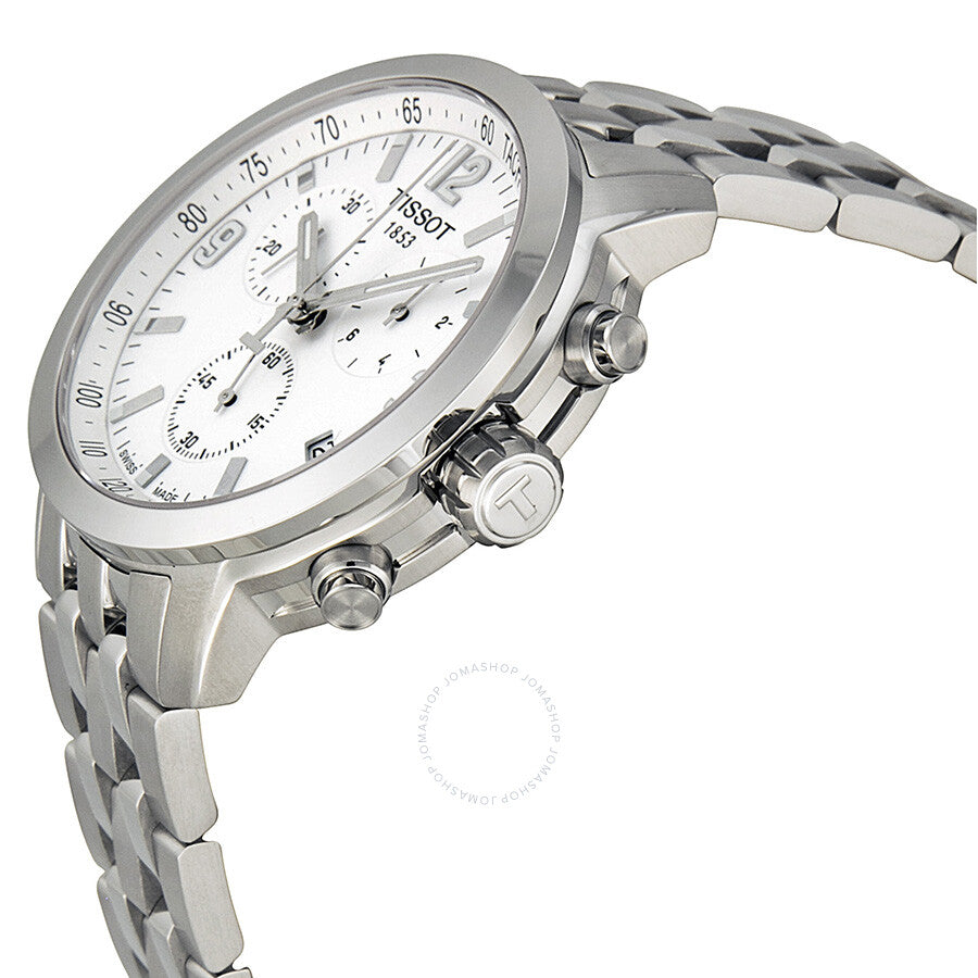 Tissot PRC200 watch shown at angle displaying white dial and chronograph subdials