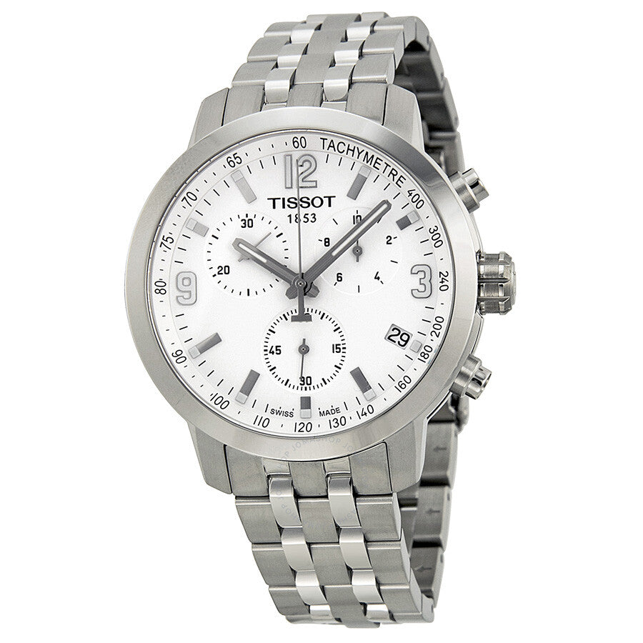 Tissot PRC200 chronograph watch with white dial, stainless steel case and bracelet