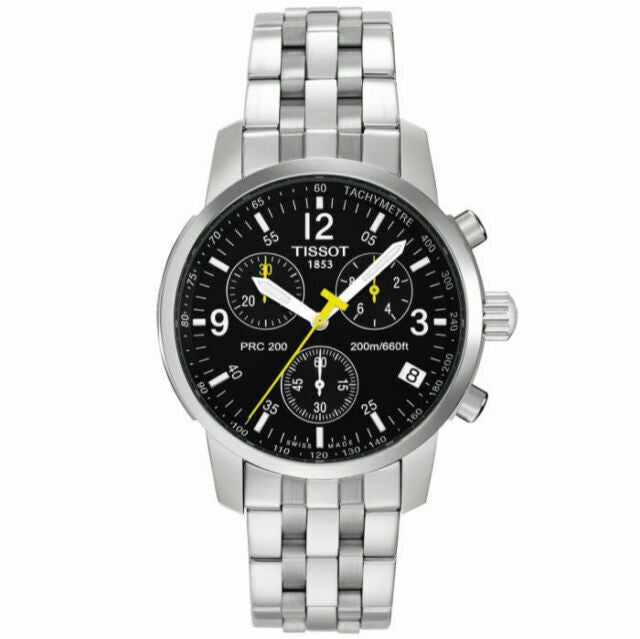 Tissot PRC200 chronograph watch with stainless steel bracelet and black dial featuring yellow hands