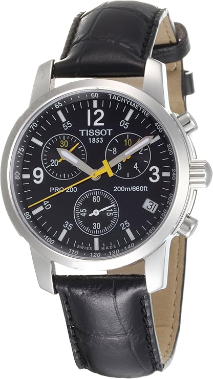Angled view of Tissot PRC200 chronograph with black dial and subdials