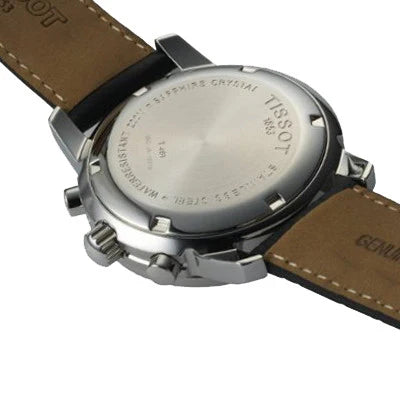 Caseback of Tissot PRC200 watch showing engraved text and specifications