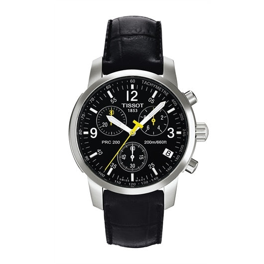 Tissot PRC200 chronograph watch with black dial, yellow hands, steel case, and black leather strap
