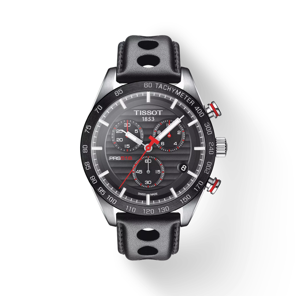 Tissot PRS 516 chronograph watch with black dial and tachymeter bezel on black leather strap