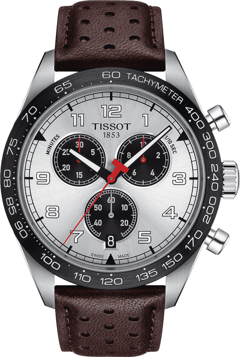 Tissot PRS 516 chronograph with silver dial, three black subdials, and tachymeter bezel