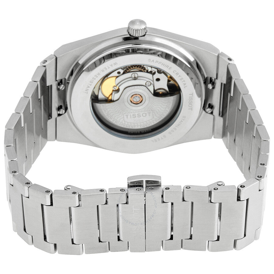 Tissot PRX Powermatic 80 caseback showing automatic rotor mechanism and dial