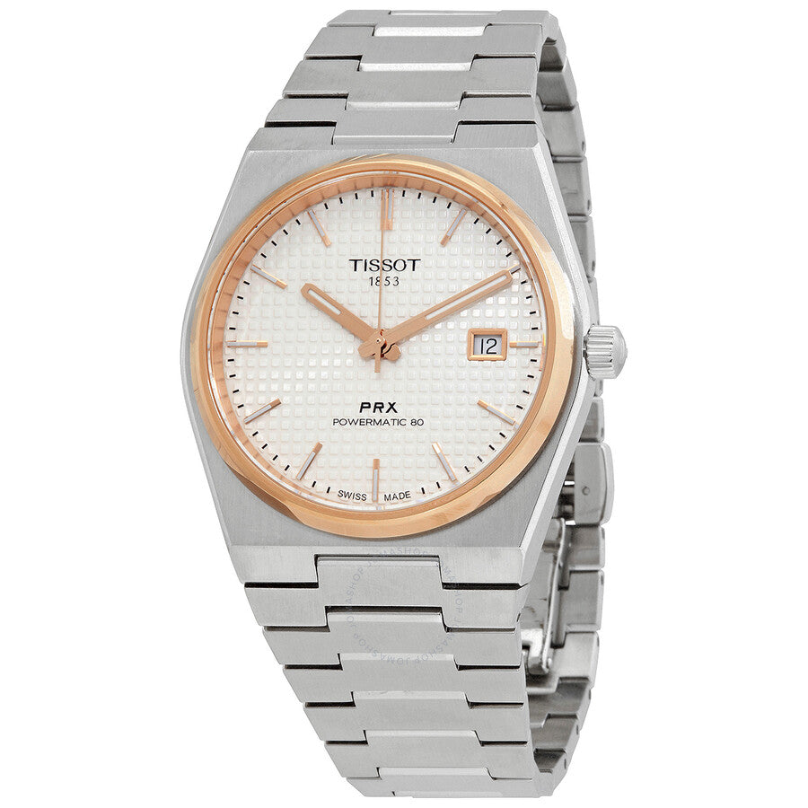 Tissot PRX Powermatic 80 men's watch with silver dial, rose gold bezel and steel bracelet