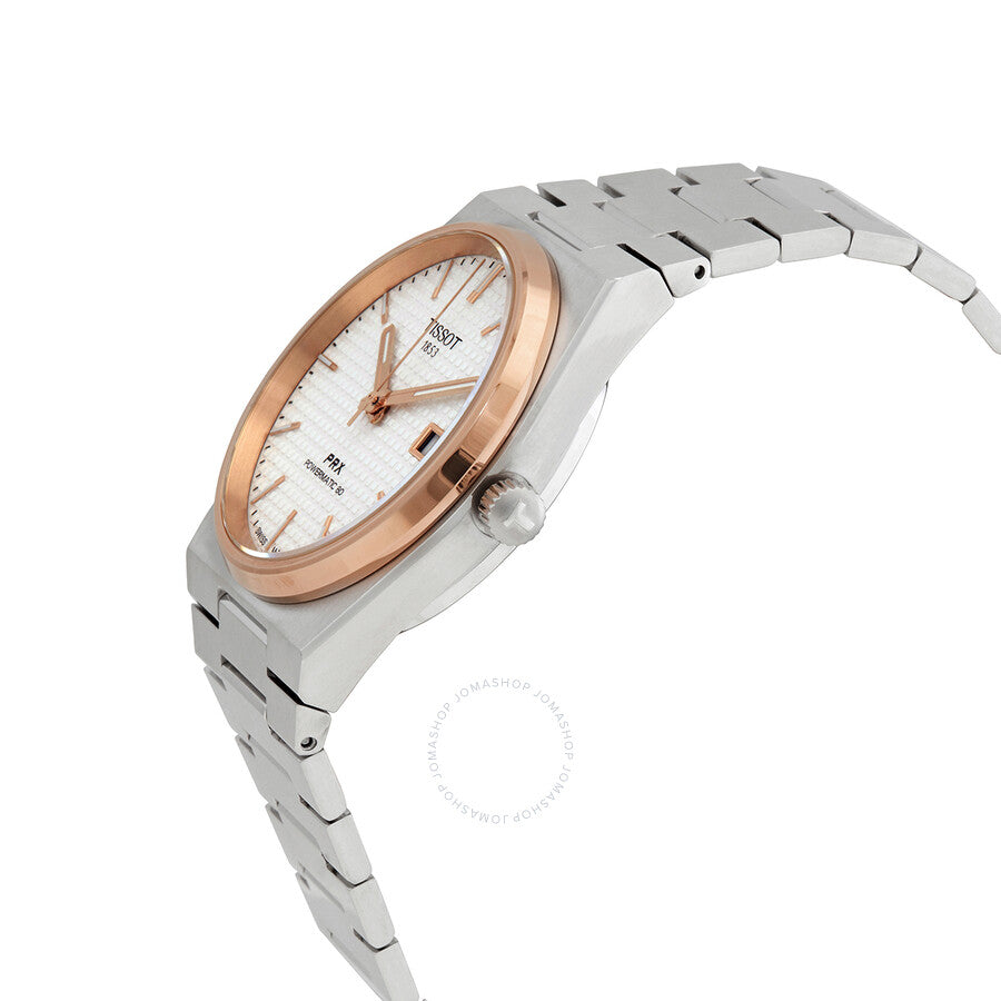 Tissot PRX Powermatic 80 watch shown from side angle with steel bracelet visible