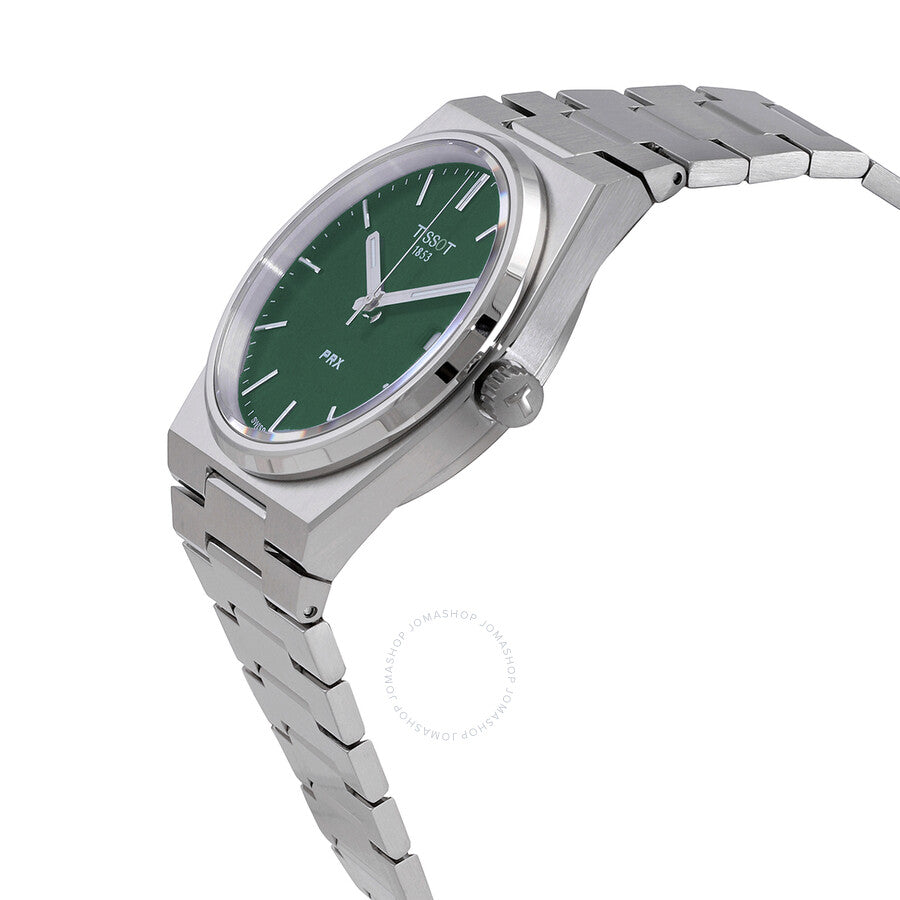 Tissot PRX T-Classic green dial watch shown at side angle with stainless steel bracelet