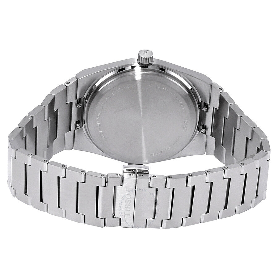 Tissot PRX T-Classic caseback view showing stainless steel case and bracelet