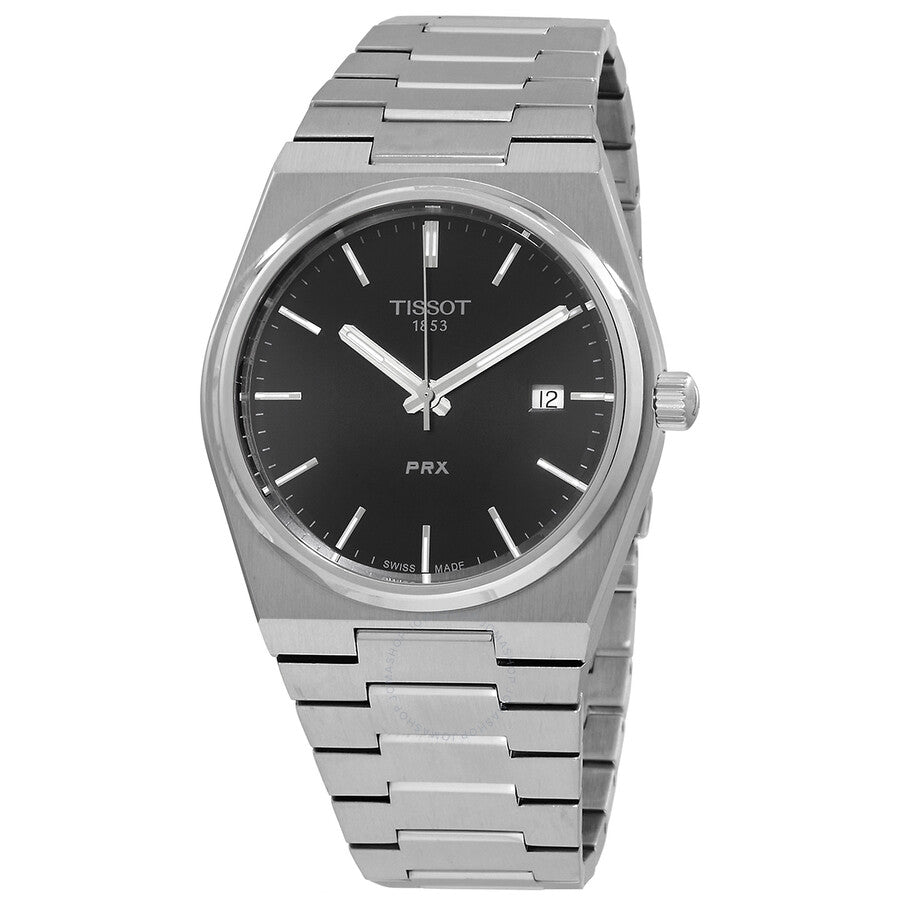 Tissot PRX 40mm quartz watch with black dial, silver stainless steel case and bracelet