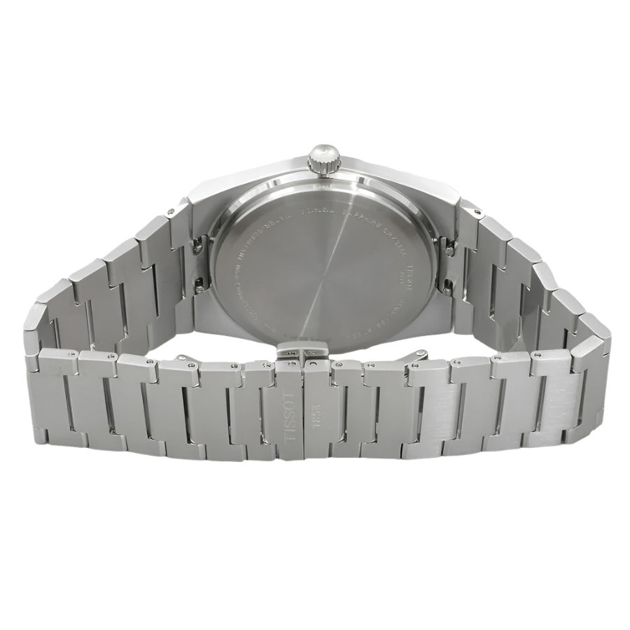 Tissot PRX watch caseback showing stainless steel case and bracelet detail