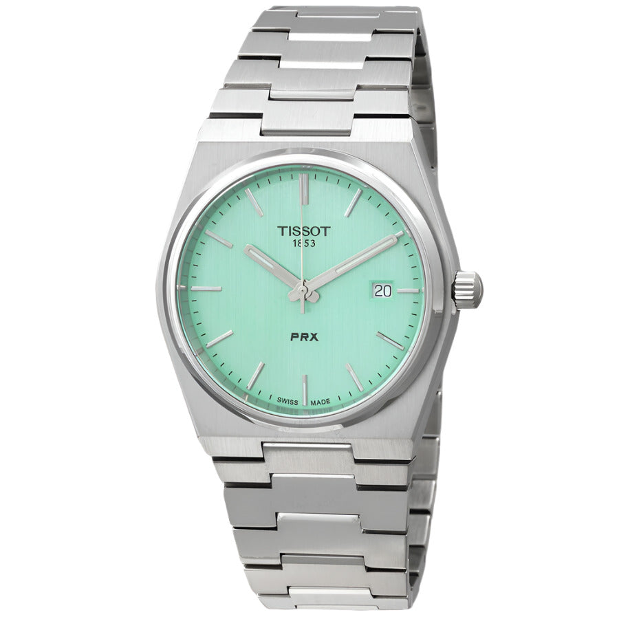 Tissot PRX quartz men's watch with light green dial and stainless steel bracelet