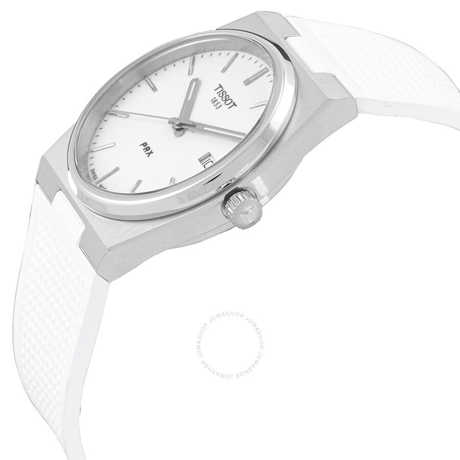 Tissot PRX watch angled view showing white dial, date window, and white rubber strap