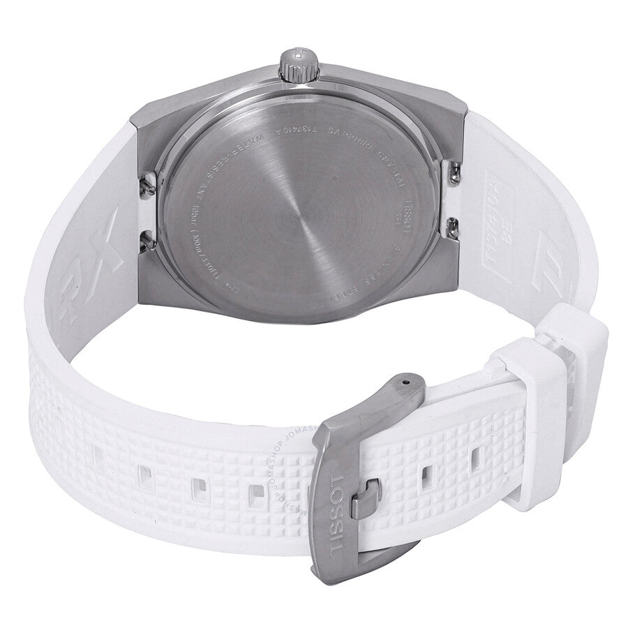 Tissot PRX watch caseback view showing stainless steel case and white rubber strap