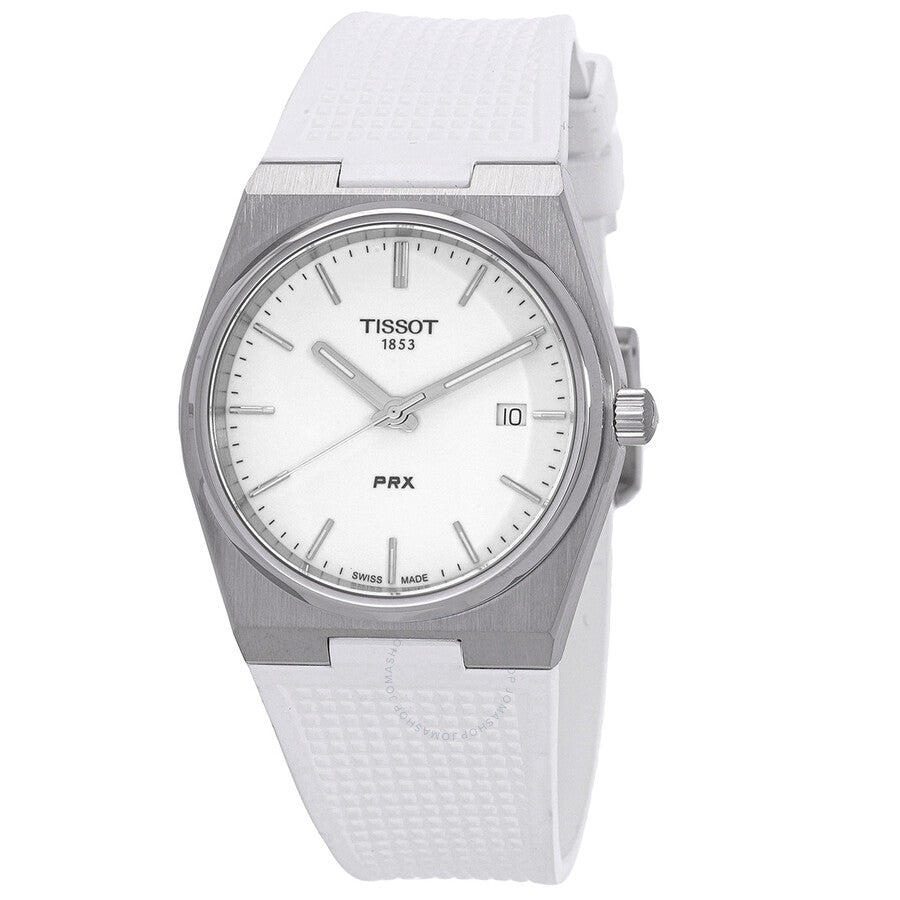 Tissot PRX quartz white dial men's watch with steel case and white rubber strap