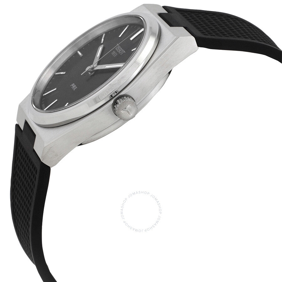 Tissot PRX watch side view showing stainless steel case profile and crown