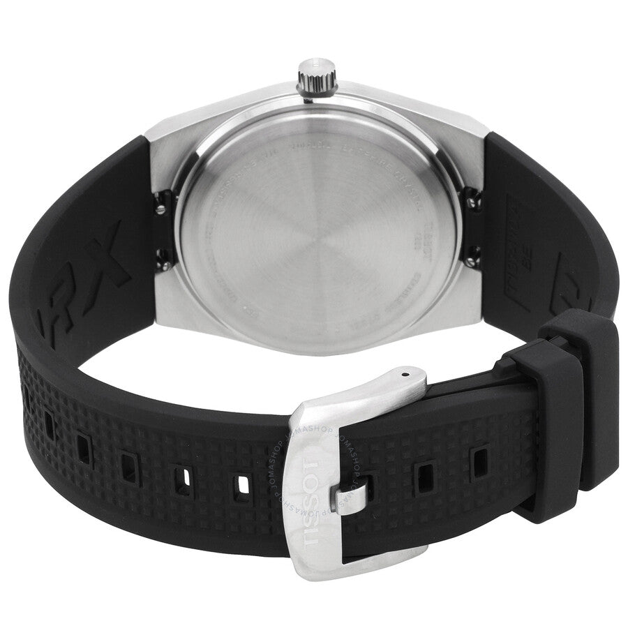 Tissot PRX watch caseback showing stainless steel back with engraved detail
